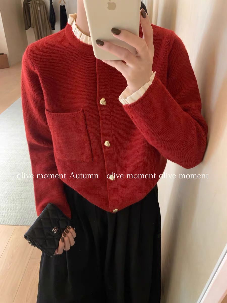 alive moment 2023冬季時尚百搭設計感百褶花邊領毛衣女針織開衫