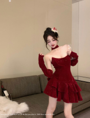 Photographed Christmas small gift dress for women, exquisite sparkly puff dress, velvet party dress, strapless dress