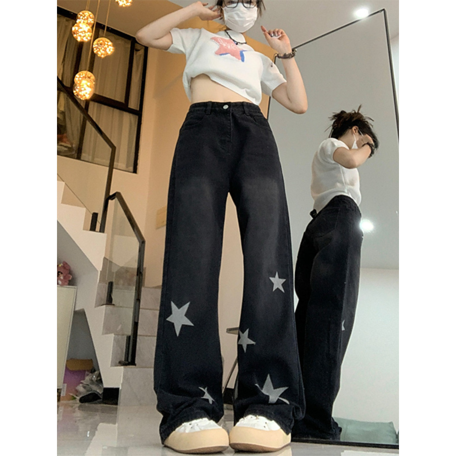 Versatile star wide-leg jeans for women 2024 spring new American retro high-waist slim straight wide-leg trousers