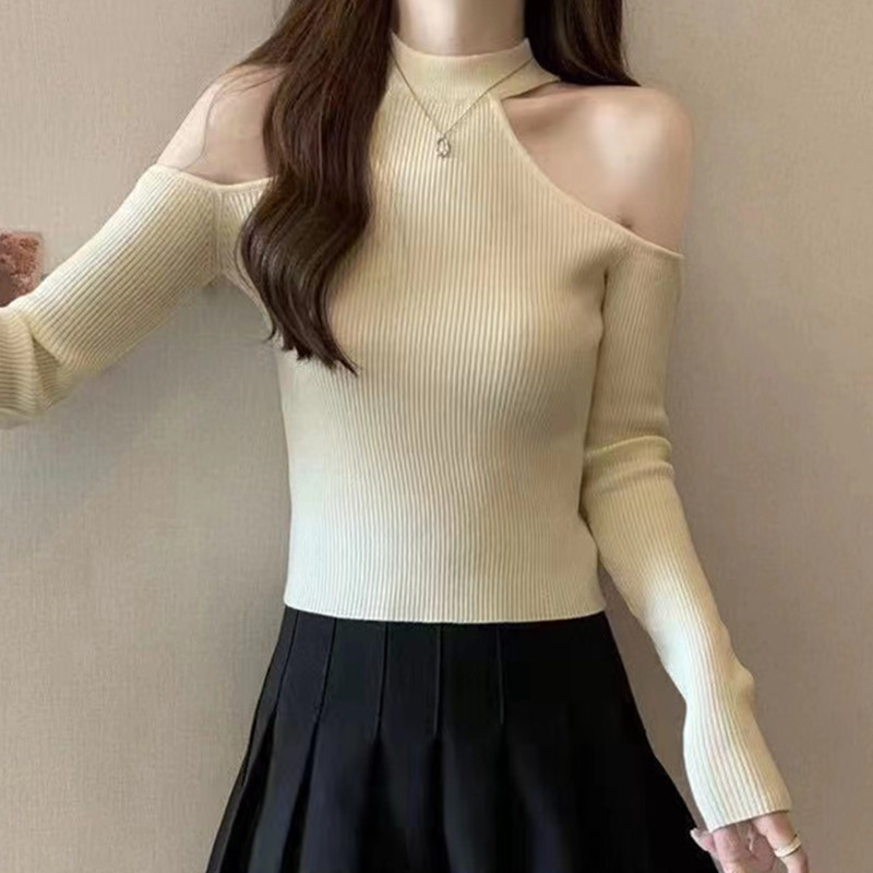 少女百搭露肩針織衫女2023新款小個子秋冬修身內搭打底上衣