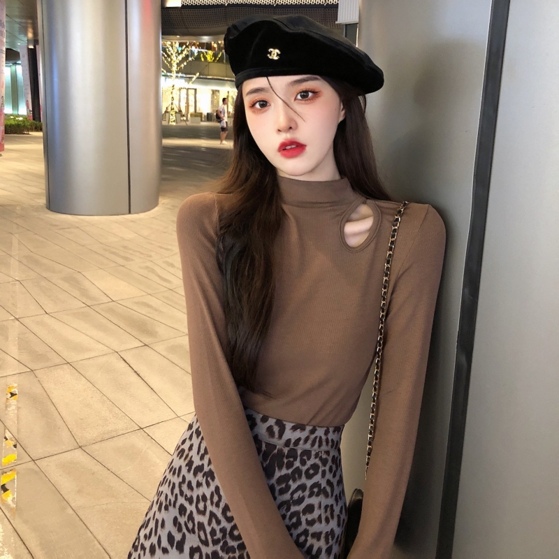 實拍  有氨德絨 磨毛修身打底衫女小眾鏤空長袖T恤女打底衫