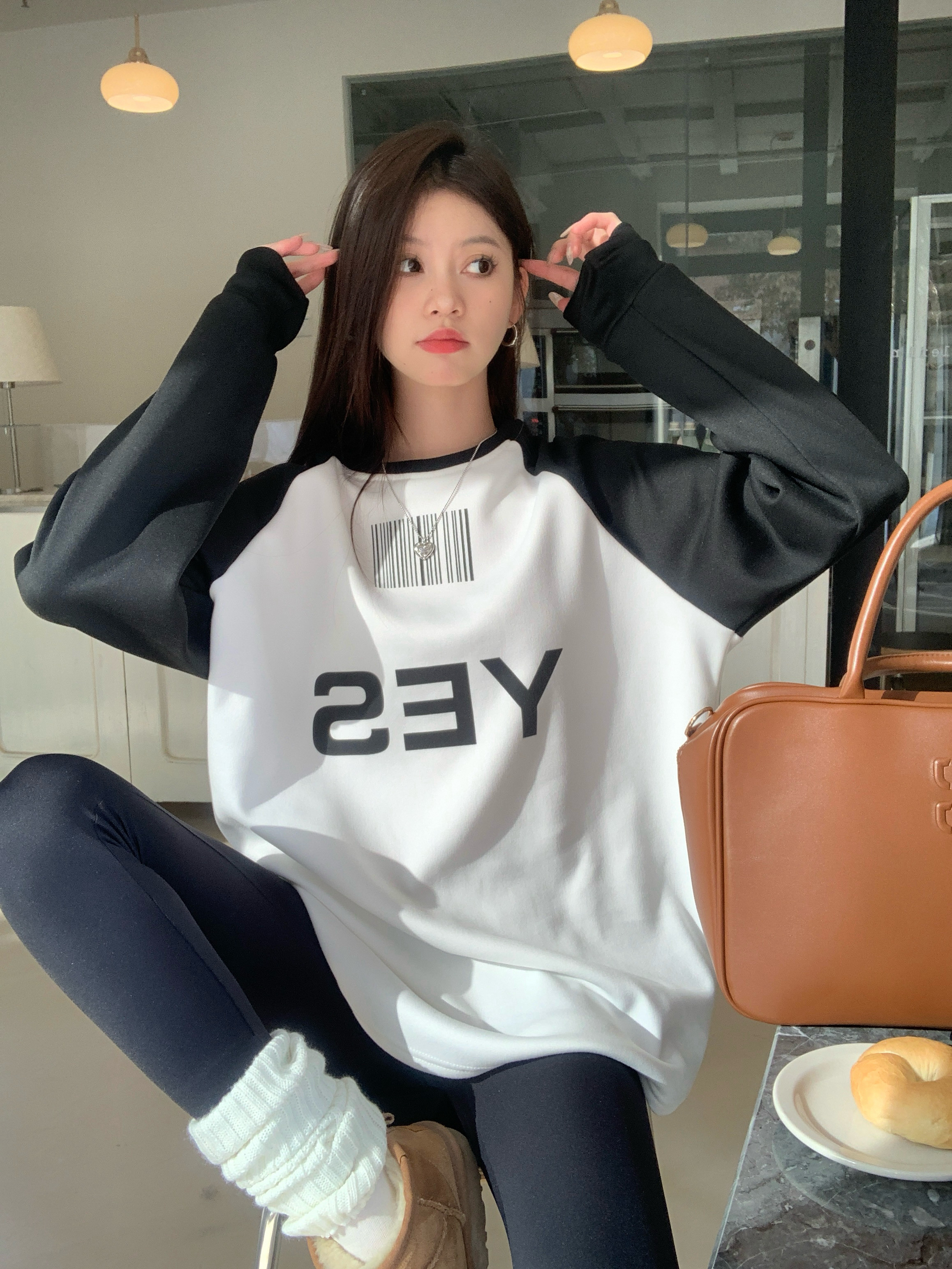 實拍 秋冬季寬鬆拼色印花薄絨加絨加厚保暖長袖T恤女裝
