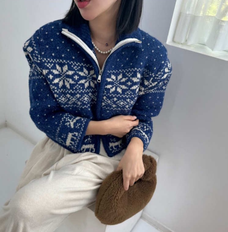Berry 喜你而歡大龐定製 復古溫柔雪花拉鏈毛衣立領針織衫女秋冬