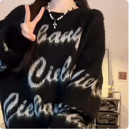 未圖漠美式復古休閒慵懶風字母印花毛衣秋冬百搭寬鬆ins潮針織衫