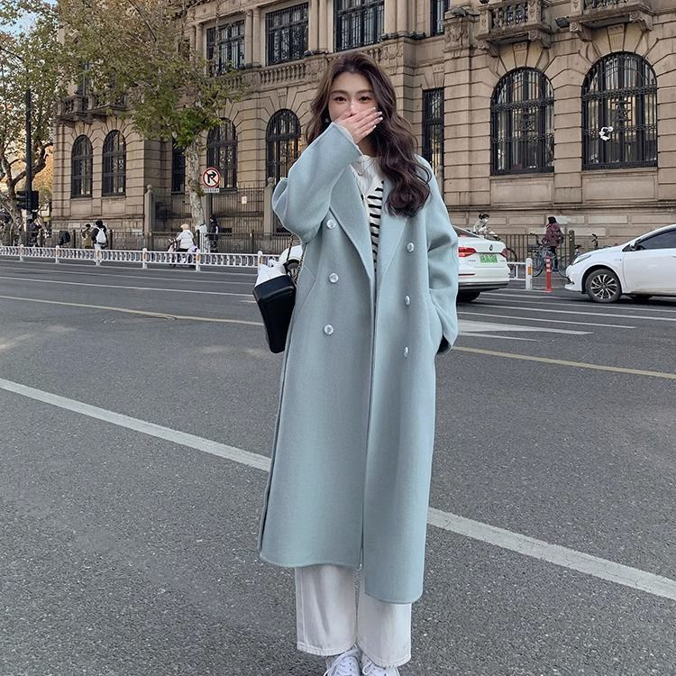 Blue Hepburn style woolen coat for women 2023 spring and autumn new Korean style loose mid-length lace-up woolen coat