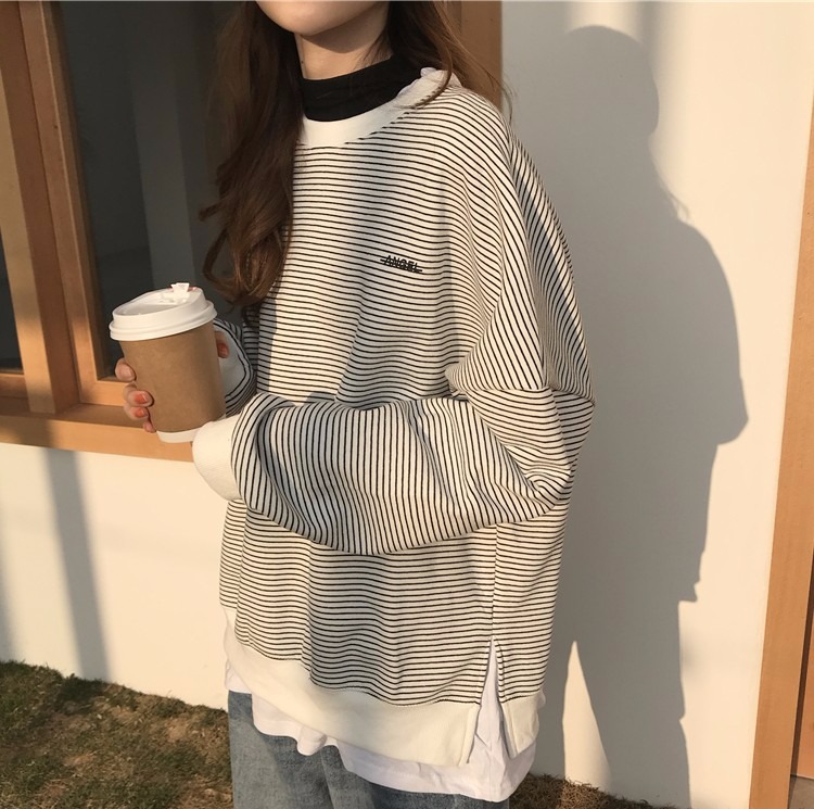 官圖  6535魚鱗 秋裝新款超火cec假兩件條紋衛衣女條紋上衣