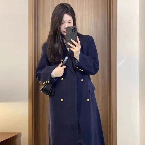 Black woolen coat women's mid-length 2023 autumn and winter new Korean style Hepburn style loose thickened woolen coat