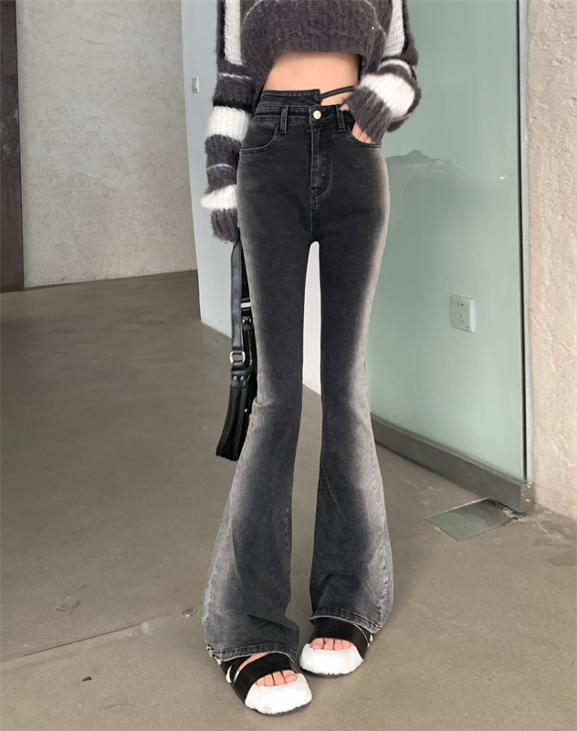 實拍 綁帶漸變色2023新品設計感辣妹高腰顯瘦微喇叭牛仔褲女