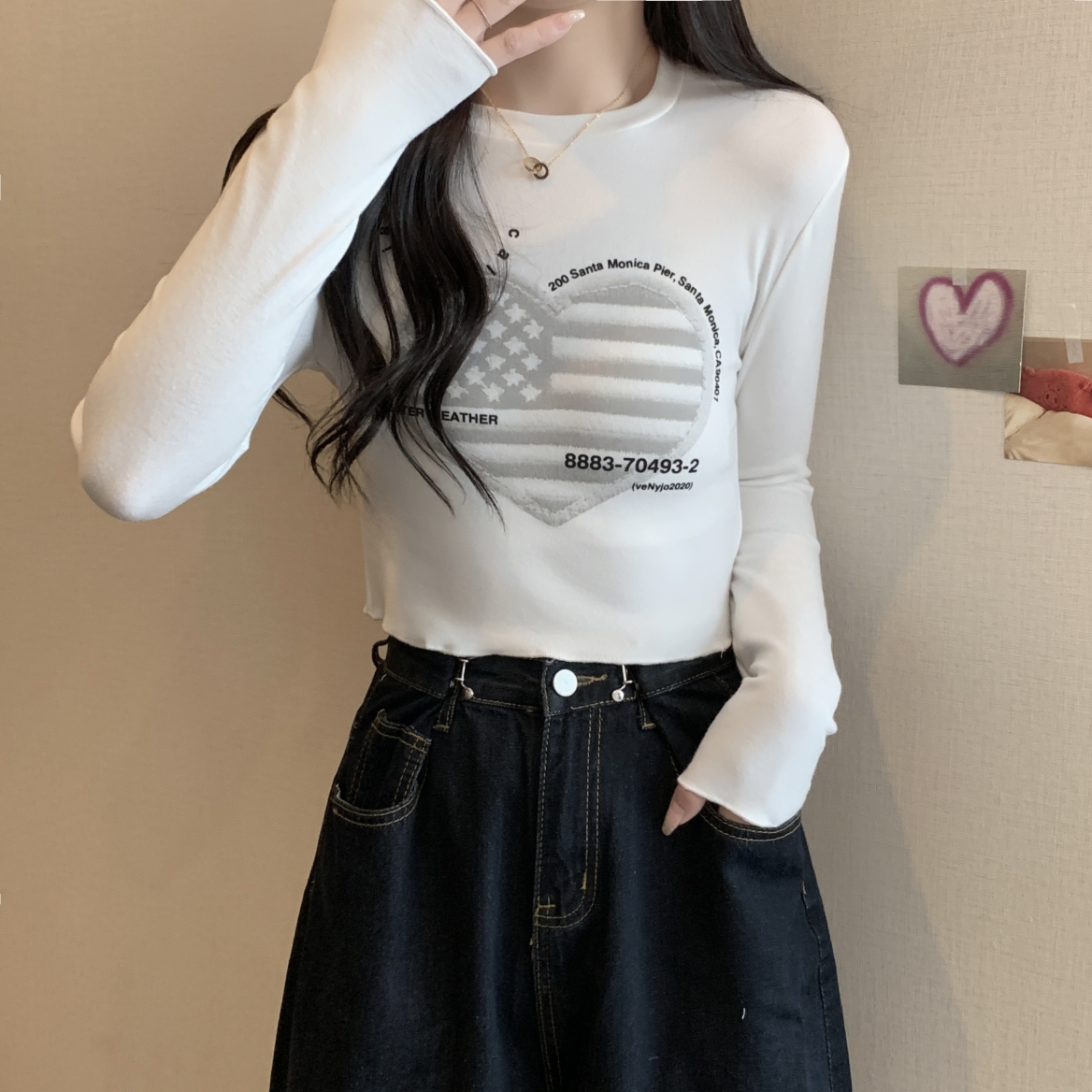 實拍  有氨德絨  磨毛印花短款設計感打底衫女長袖T恤秋裝