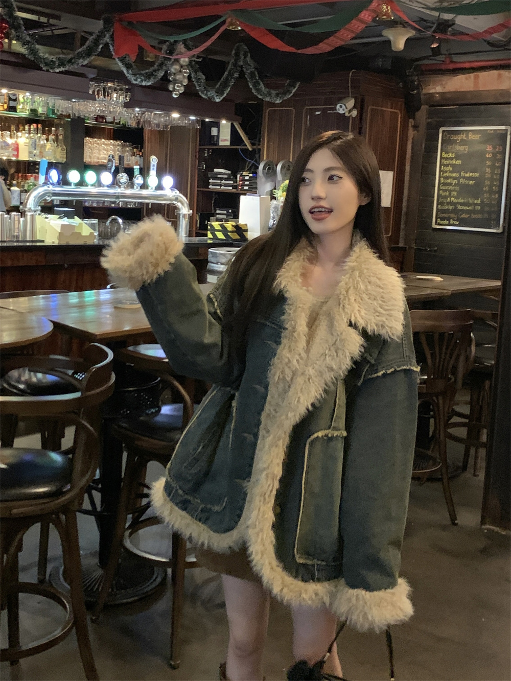 實拍~美式復古加厚寬鬆百搭牛仔翻領毛毛外套女