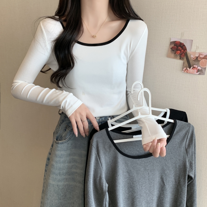 實拍  有氨德絨  U領打底衫女長袖T恤女修身寬鬆磨毛秋冬裝