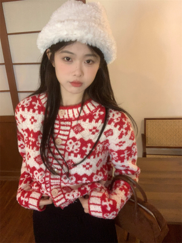 实拍 冬季韩系复古气质圆领单排扣撞色提花百搭针织开衫毛衣