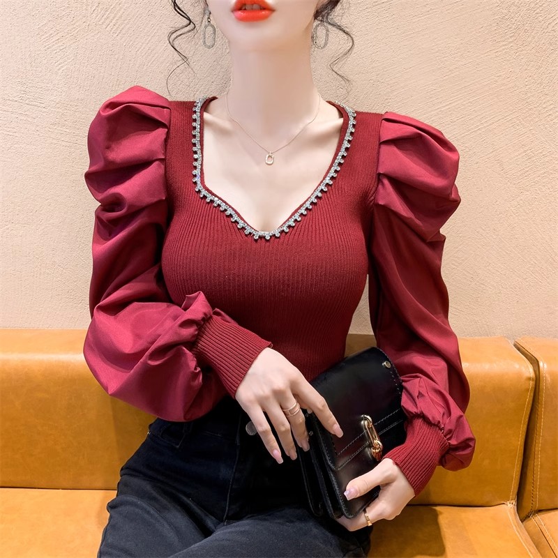 v領針織衫上衣女秋冬2023新款女裝泡泡袖毛衣時尚洋氣長袖打底衫