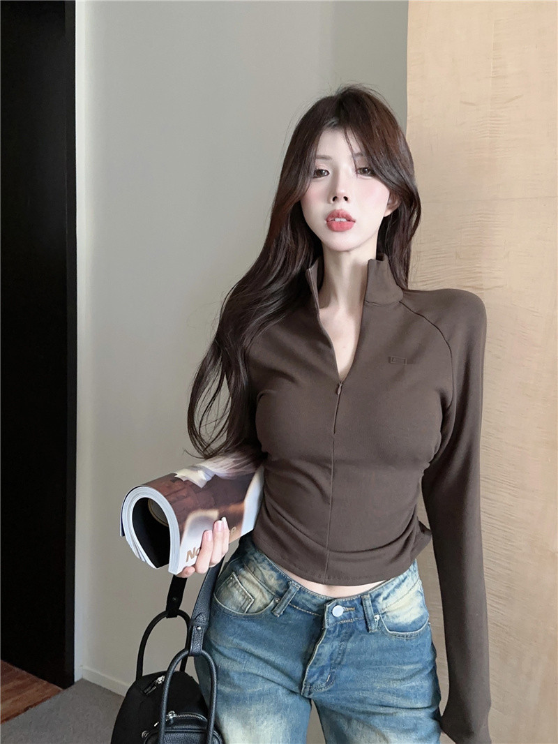 實拍~2023秋冬新款內搭修身拉鏈長袖t恤女立領設計感小個上衣