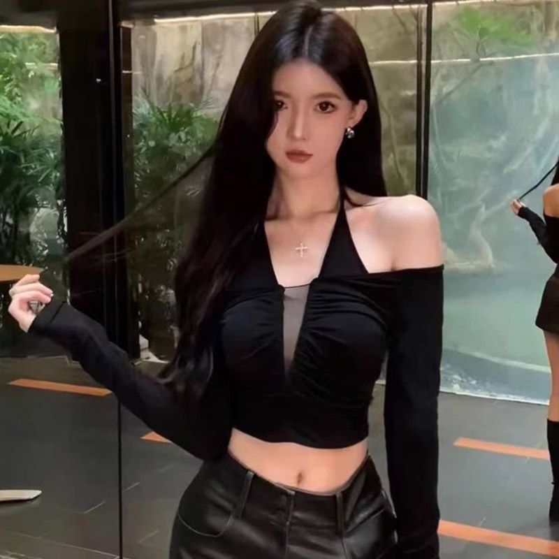 欲辣妹V領露肩掛脖上衣春秋女性感網紗拼接夜店風T恤