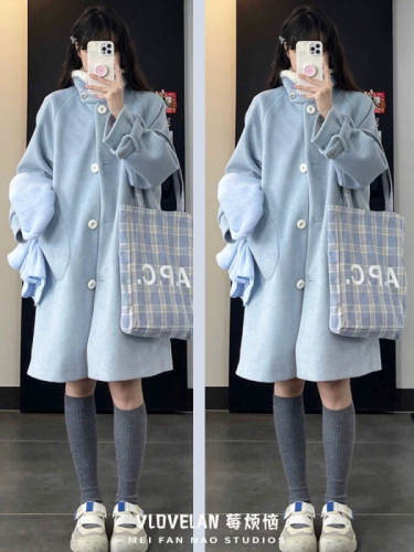 Woolen coat for women autumn and winter new style lamb wool stitching for small people to wear loose mid-length lapel coat 