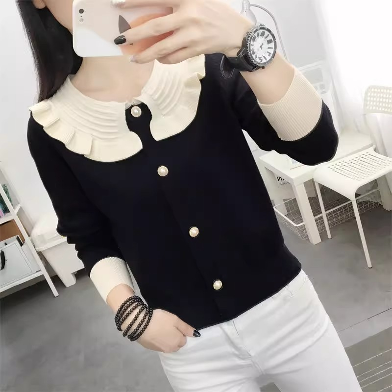 2023 New Autumn and Winter Small Fragrance Style Doll Collar Sweater Women's Pullover Knitted Bottoming Shirt Loose, Versatile and Western Style for Outerwear