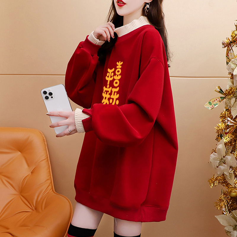 純棉複合超柔秋冬超火龍年印花紅色假兩件半高領加絨衛衣女潮