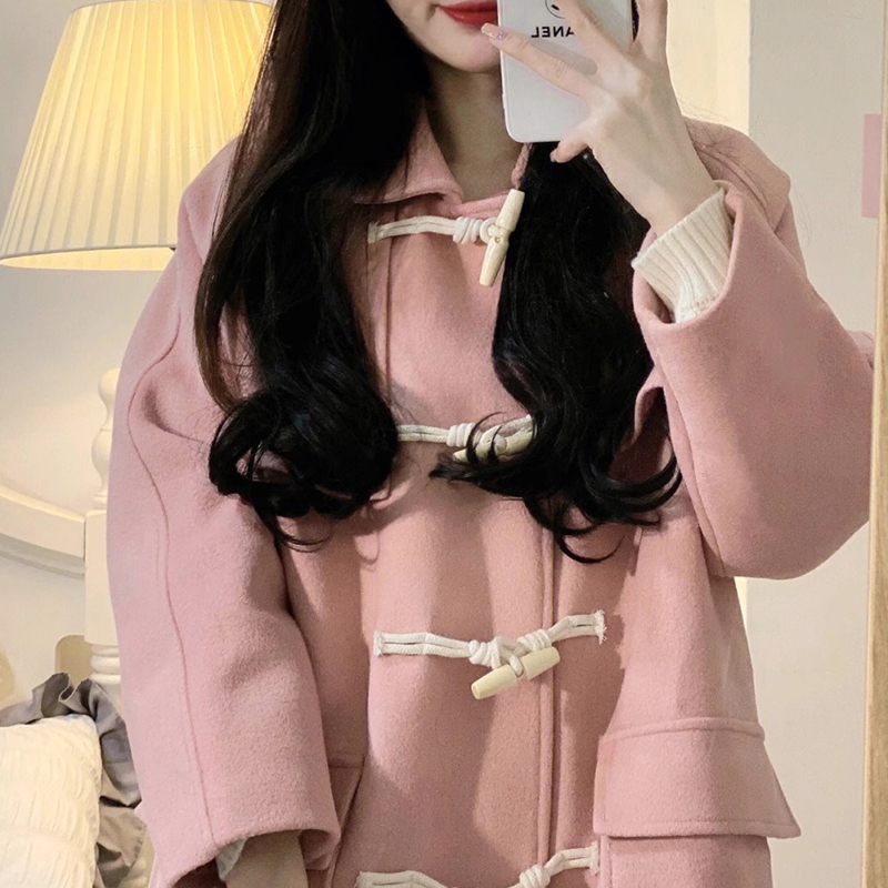 Pink horn button coat for women in autumn and winter new Korean style high-end thickened mid-length woolen coat for small people