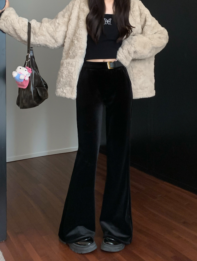 Actual shot of new velvet and thickened design retro velvet slim fit pants with high waist and horse hoof pants