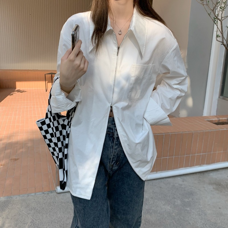 法式拉鏈白色長袖襯衫女個性秋季新款設計感小眾寬鬆顯瘦襯衣上衣
