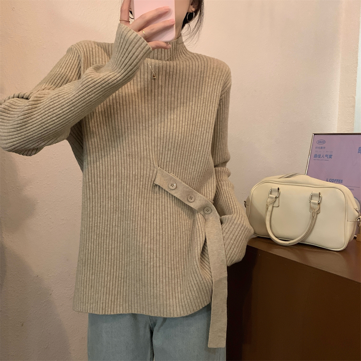 實拍 秋冬韓版寬鬆半高領設計感百搭安迪絨針織打底衫女毛衣