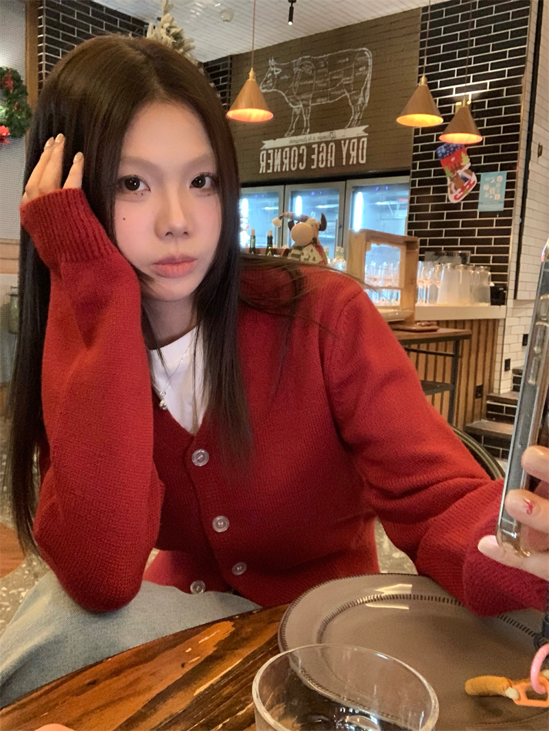 實拍~韓系聖誕新年復古紅色V領疊穿短款北極絨毛衣開衫外套