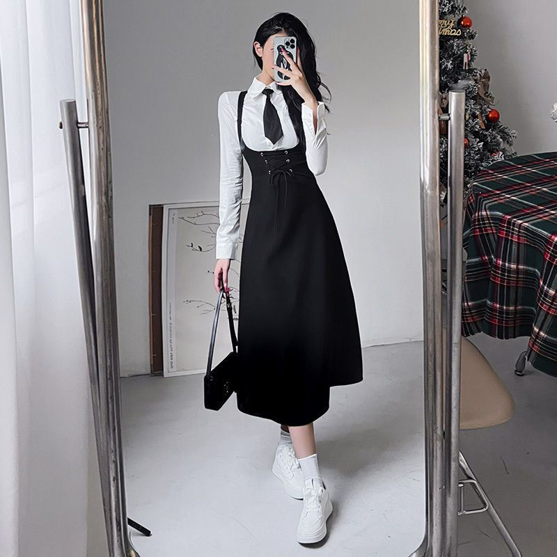 c816#學院風甜美制服背帶連衣裙女韓版收腰顯瘦吊帶長裙兩件套裝