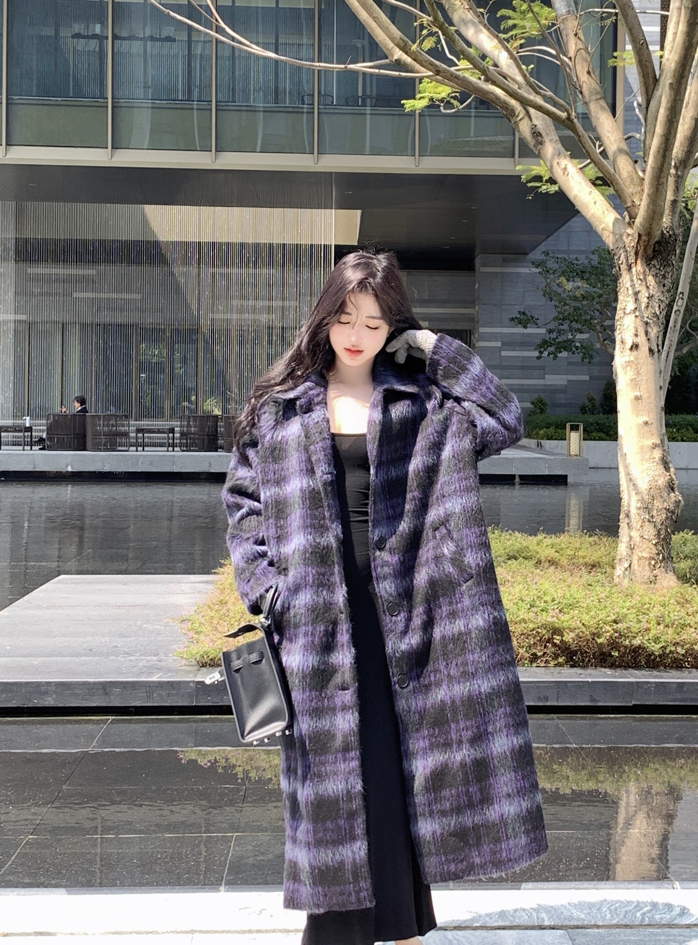 實拍秋韓版過膝復古長款寬鬆格紋綿羊毛呢子大衣外套女落肩袖