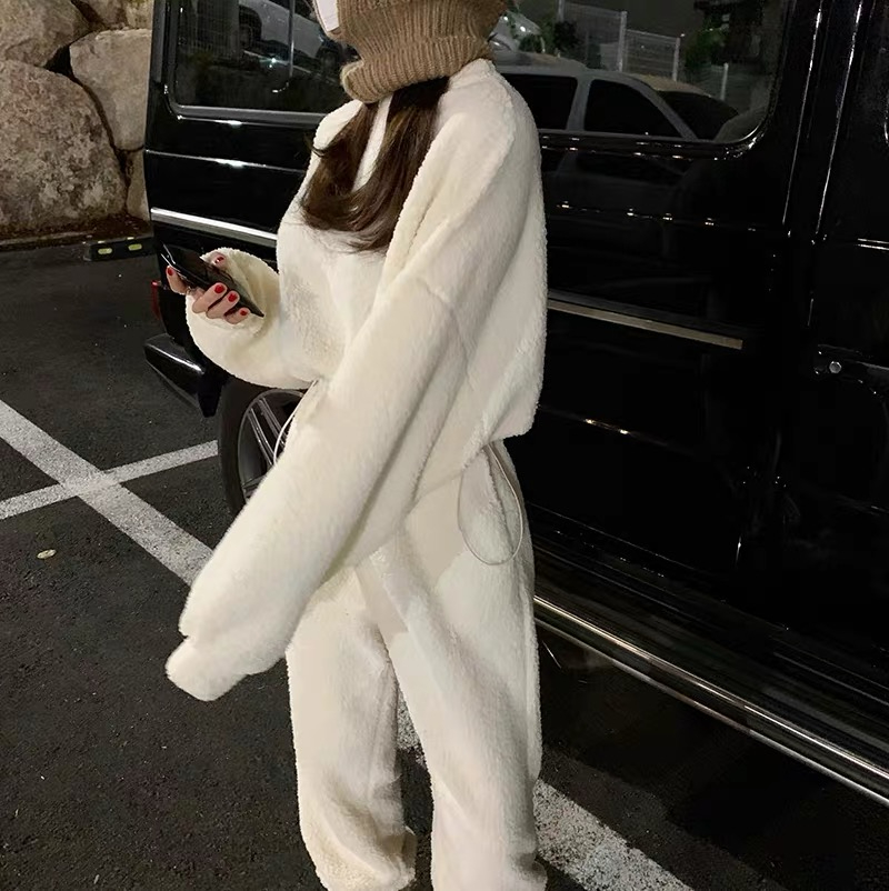 韓國羊羔絨短款衛衣女冬季保暖寬鬆純色減齡闊腿束腳衛褲兩件套潮