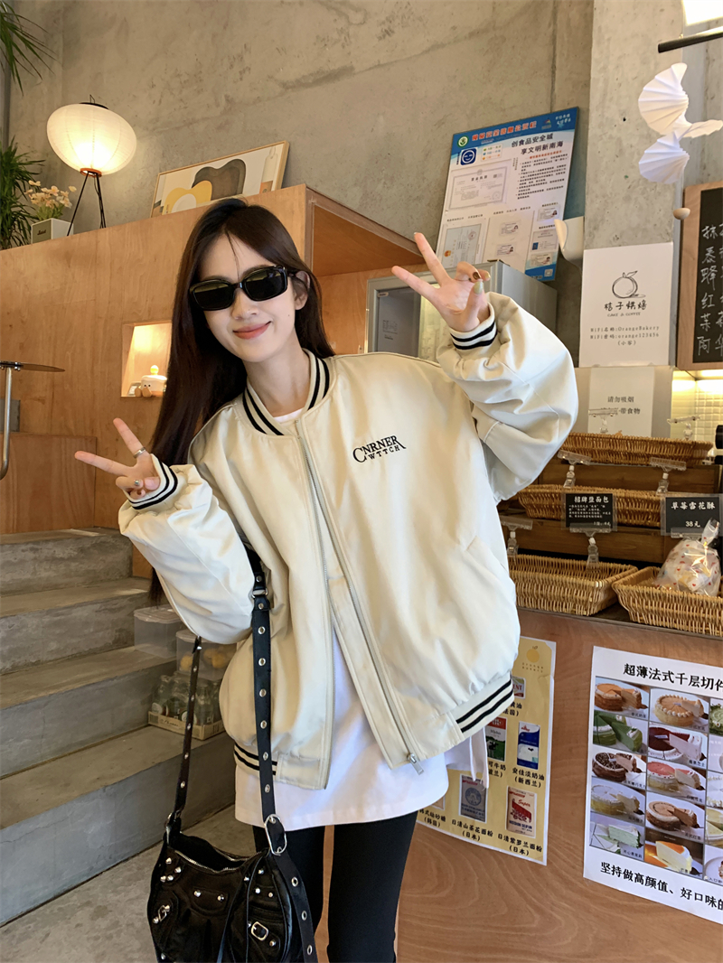 Real shot 2024 spring and autumn fashionable letter embroidery stitching baseball uniform loose stand-up collar jacket for women
