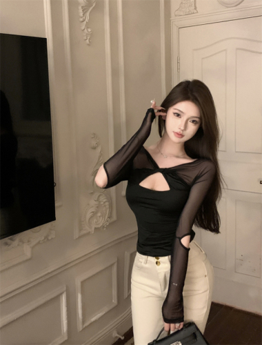 Real shot Mesh cross design hollow sexy slim slim hot girl versatile tops for women