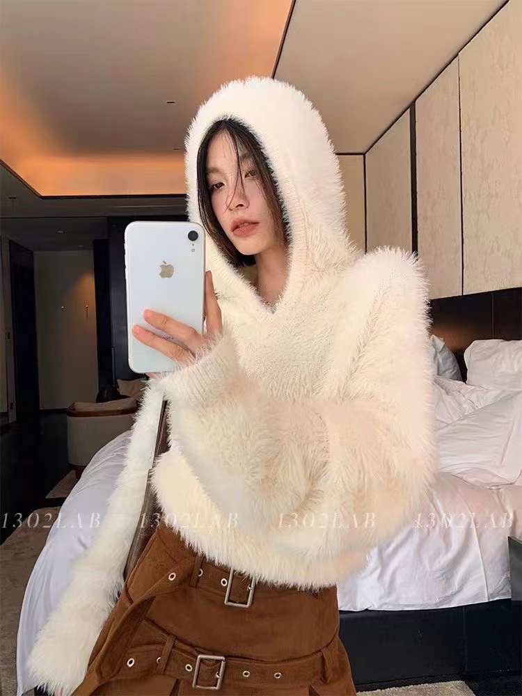軟糯奶fufu連帽針織衫女秋裝高級感小眾仿水貂絨毛衣寬鬆套頭