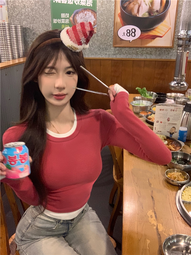 實拍~軟糯糯磨毛撞色假兩件拼接設計長袖打底上衣女