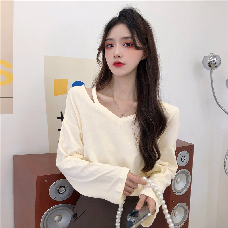 實拍  有氨德絨 磨毛長袖T恤女寬鬆V領秋冬裝小眾打底衫