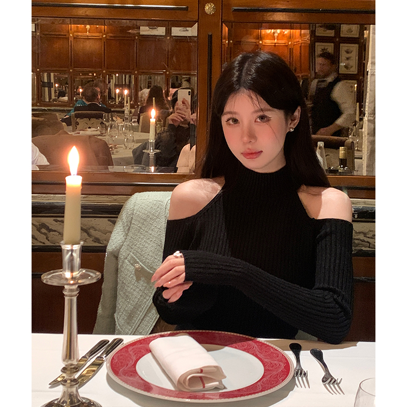 少女百搭露肩針織衫女2023新款小個子秋冬修身內搭打底上衣