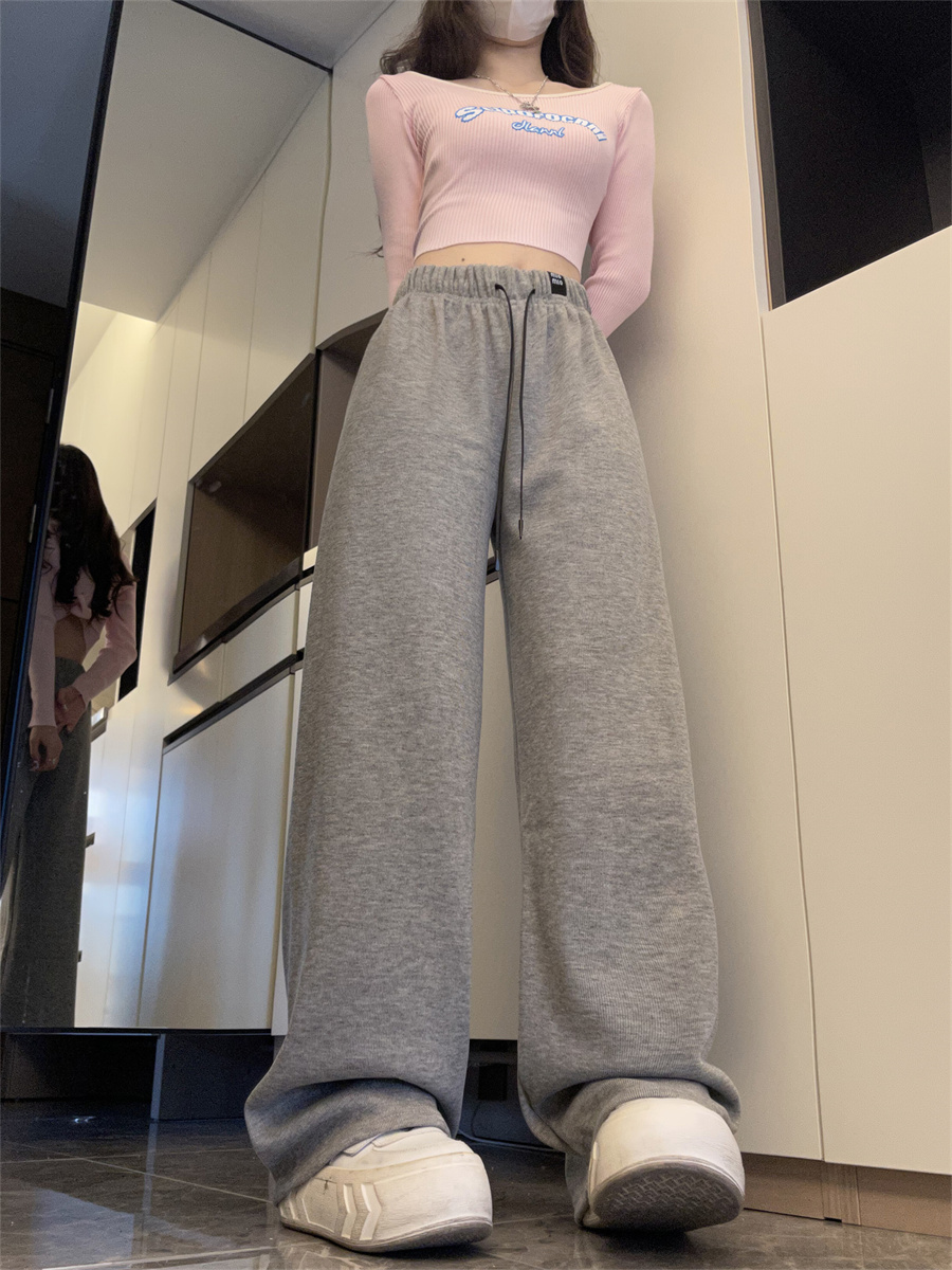 實拍加絨闊腿褲女秋冬季褲子女直筒拖地休閒褲女
