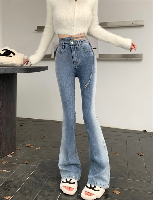 實拍 綁帶漸變色2023新品設計感辣妹高腰顯瘦微喇叭牛仔褲女