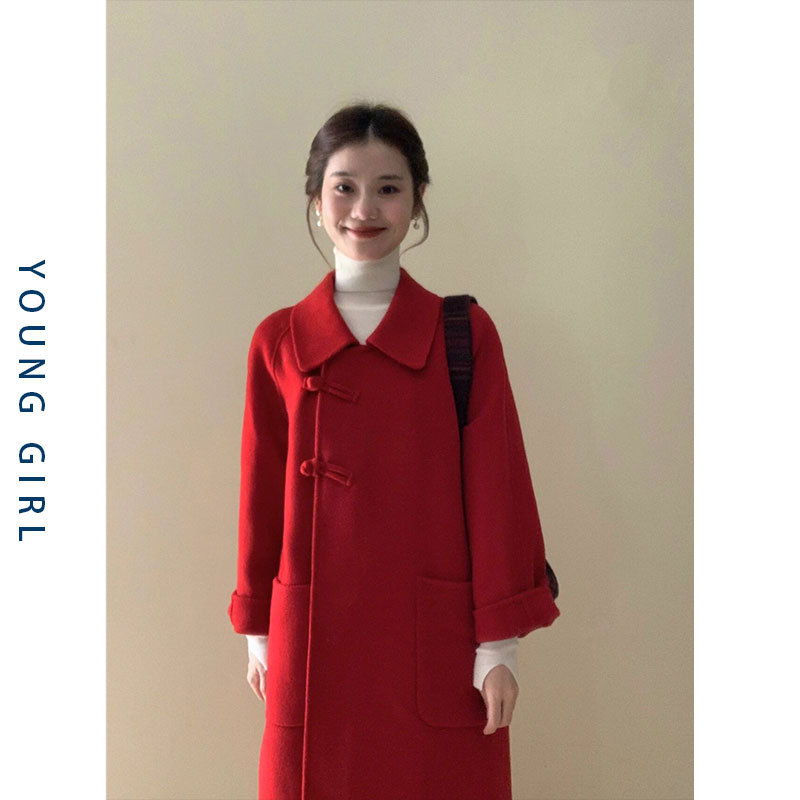 Red coat women's autumn and winter high-end 2023 new Hepburn style small mid-length woolen coat