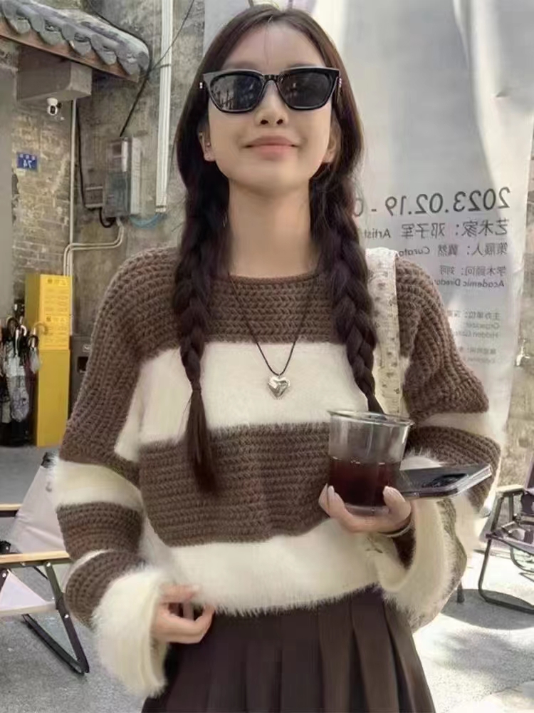 加厚短款條紋馬海毛毛衣女秋冬復古寬鬆外穿慵懶風套頭針織