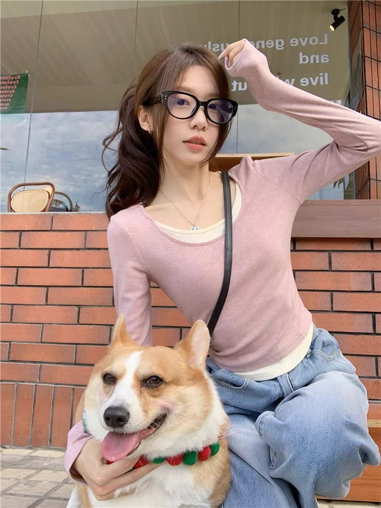 Threaded velvet spring and autumn new fake two-piece T-shirt women's design niche short long-sleeved bottoming top