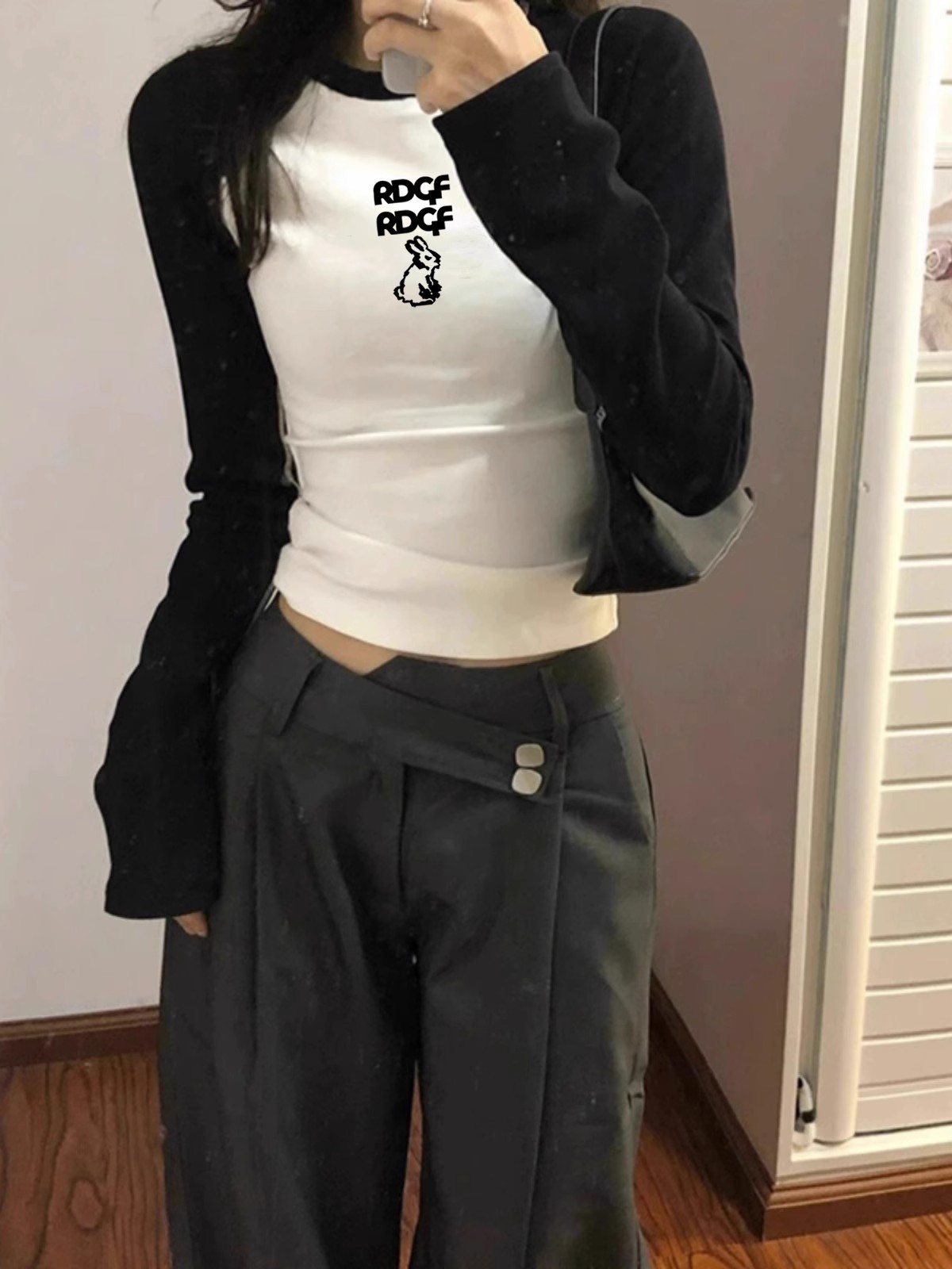 1*1純棉包領美式復古長袖t恤歐貨早秋新款打底衫修身短款上衣