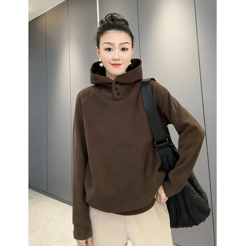 純色拼接套頭德絨連帽衛衣女帽衫秋冬新款顯瘦時尚百搭打底上衣潮