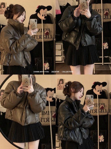 Real shot American retro brown cotton coat winter new small PU leather short warm bread jacket