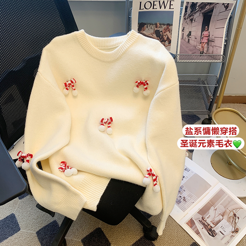 韓系慵懶風套頭毛衣女秋冬新款聖誕鈴鐺針織衫甜美減齡奶呼呼上衣