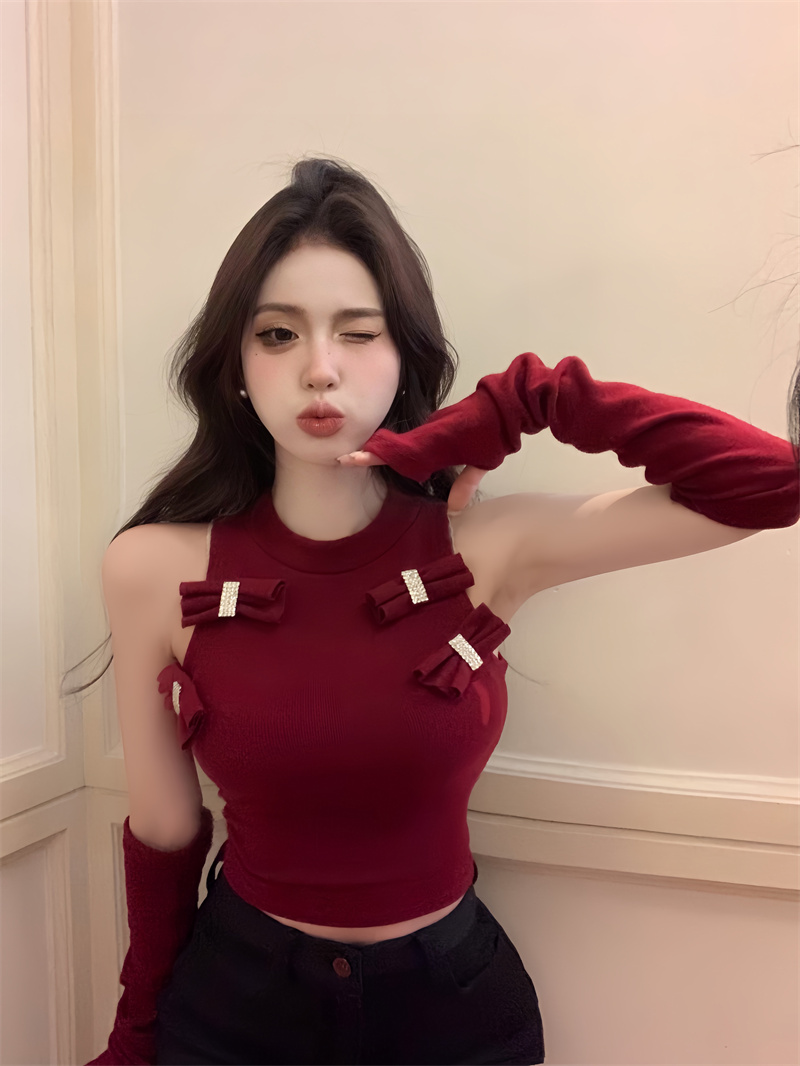 實拍  純欲辣妹半高領蝴蝶結針織衫上衣內搭打底衫無袖t恤女