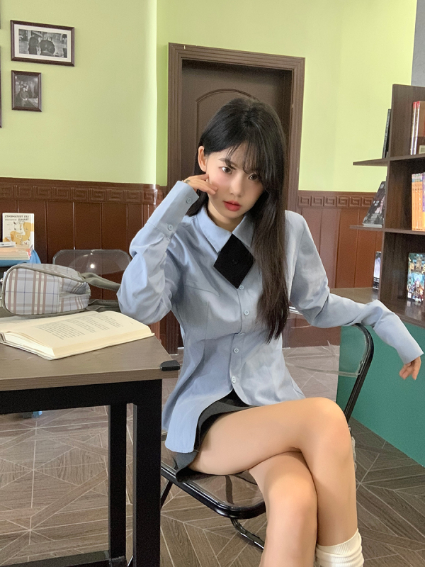 小仙倪子藍色襯衫女2024新款春秋法式上衣內搭超好看打底長袖襯衣