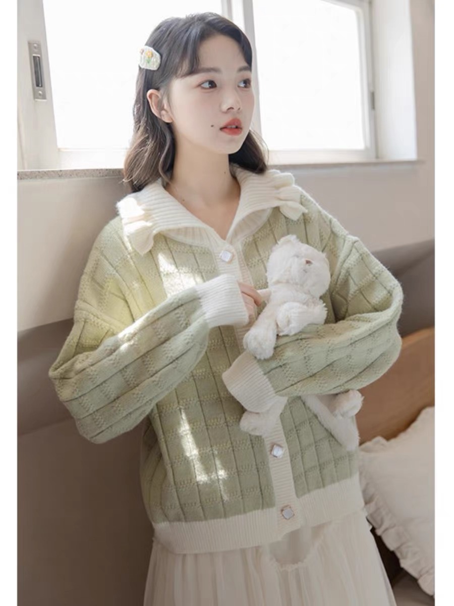 娃娃領毛衣外套女秋冬2024新款韓系甜美奶文藝小個子針織開衫上衣