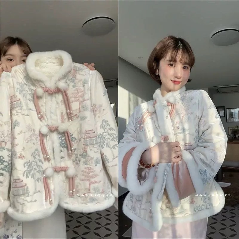 New Chinese style women's Tang suit Chinese style retro down jacket thickened jacket women's flower cotton jacket autumn and winter 2023 new style