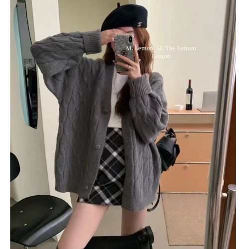 THE LEMON Korean style lazy style twist knitted jacket for women 2023 autumn and winter thickened sweater cardigan